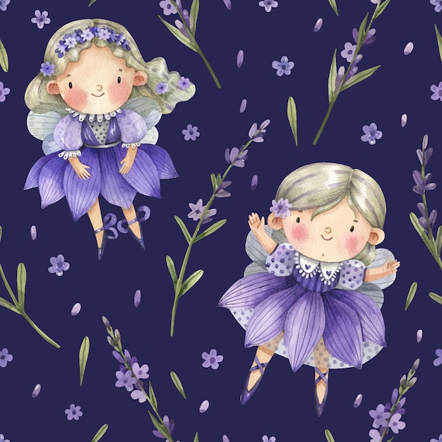 Purple, watercolor pattern with flower fairies and lavender flowers. Floral princess and lavender