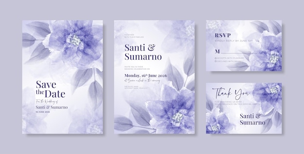 Purple wedding invitation template with beautiful watercolor flower