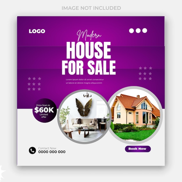 a purple and white ad for house for sale