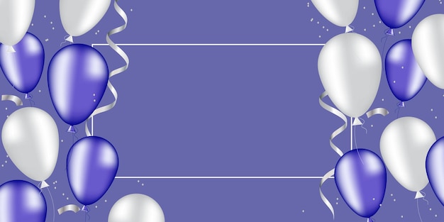 Purple and white balloons with glitter and flying confetti on a very peri background with frame