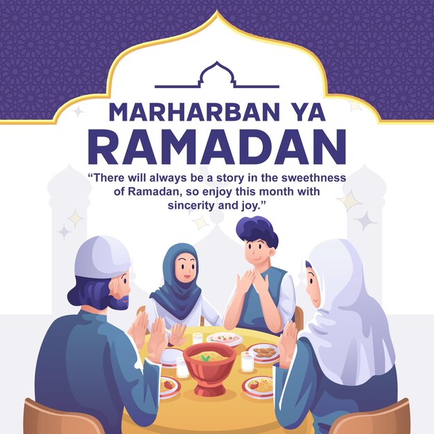 Vector purple white illustrated marhaban ya ramadan instagram post