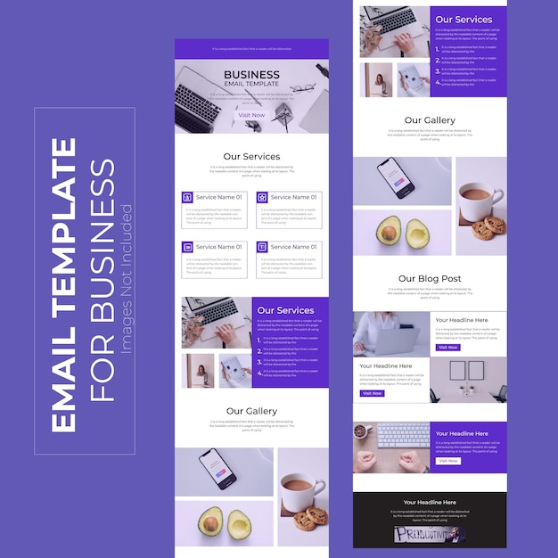 A purple and white web page that says email template for business.