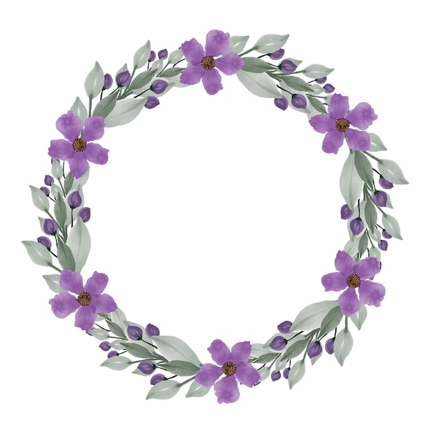 purple wreath circle frame with purple flower and green leaves border