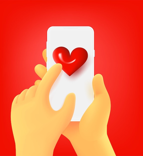 Pushing on a heart symbol purchases via mobile application 3d vector concept