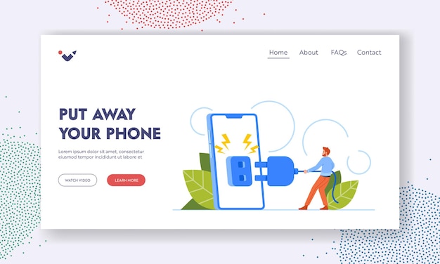 Put Away your Phone Landing Page Template Tiny Male Character Disconnecting From Huge Mobile