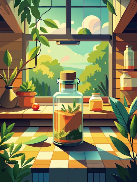 Vector put the herbal mixture in a glass bottle with a lid on the wooden kitchen counter vector