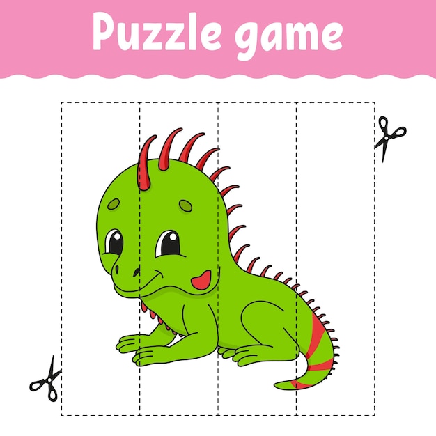 Puzzle game for kids Cutting practice Education developing worksheet Activity page cartoon character