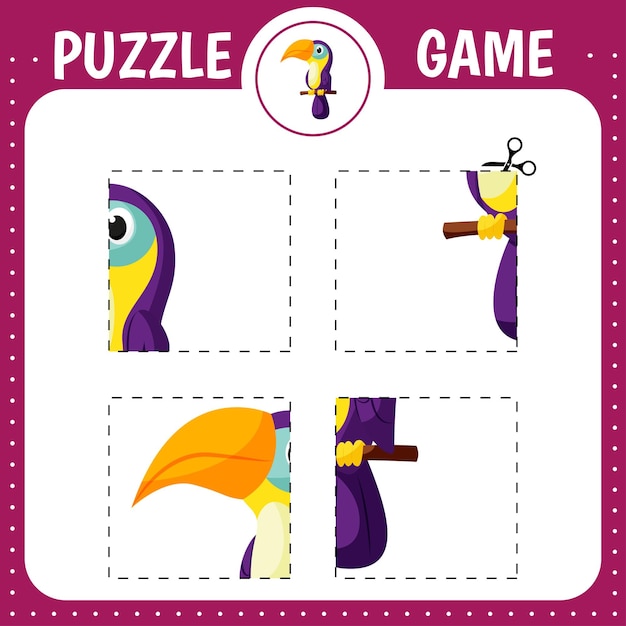 Puzzle game for kids Cutting practice Education developing worksheet Activity page Cut and glue toucan