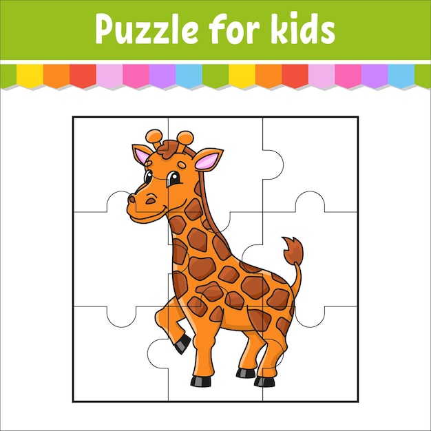 Puzzle game for kids Giraffe animal Jigsaw pieces Color worksheet Activity page Isolated vector illustration