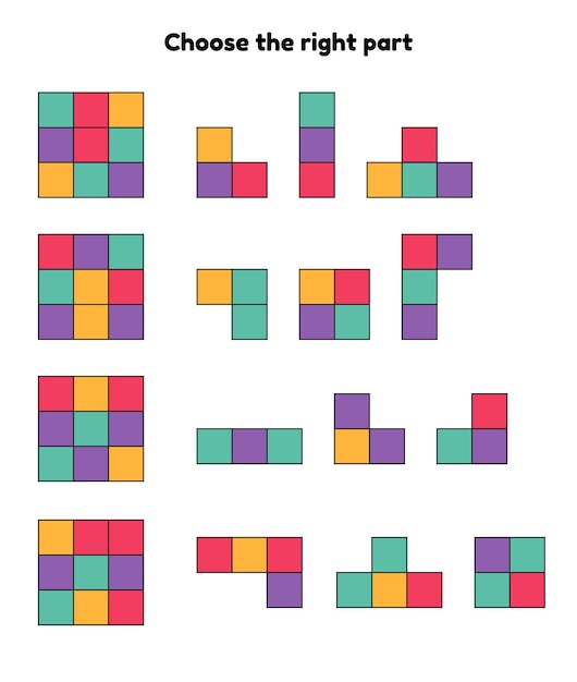 Puzzle game for kindergarten and preschool kids Worksheet choose the right part Square