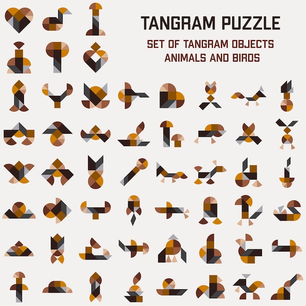 Puzzle game Leaf for children Tangram Schemas with different animals birds and objects