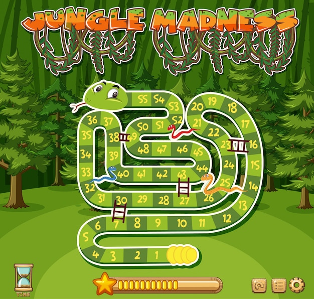 Puzzle game template with green snake and many trees