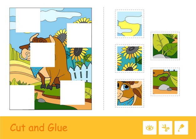 Puzzle game for young children with cute bull grazing near the yard and missing puzzles.