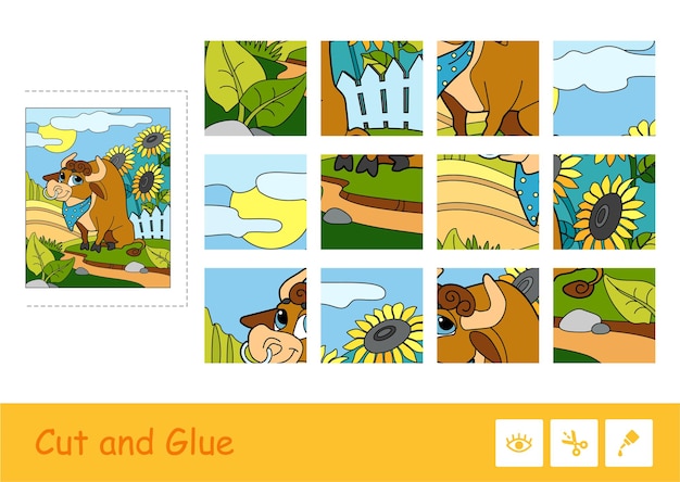 Puzzle game for young children with the image of cute bull grazing near the yard.