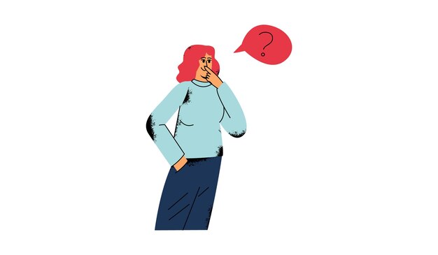 A puzzled business woman doubts, thinks. Flat vector illustration isolated on a white background