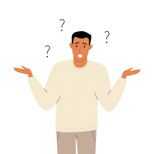 A puzzled man with question marks over his head. The concept of frequently asked questions.