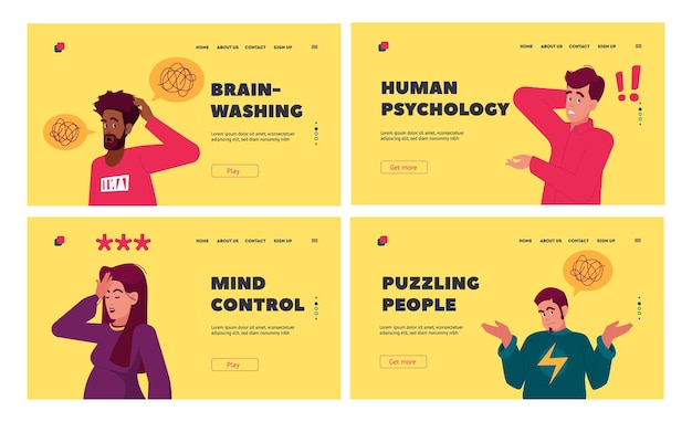 Puzzled People Landing Page Template Set Doubtful Characters with Exclamation and Question Marks Thinking