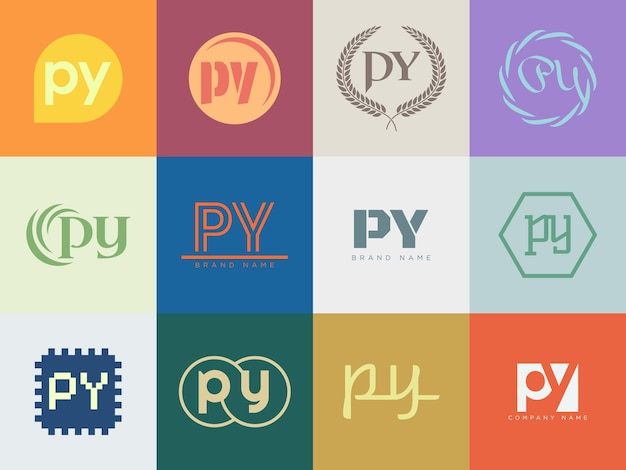 PY logo company template Letter p and y logotype Set different classic serif lettering and modern bold text with design elements Initial font typography