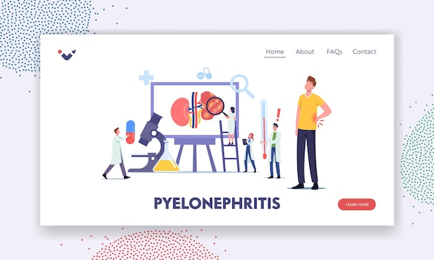 Pyelonephritis Landing Page Template. Tiny Doctors Nephrologist Characters Diagnosing and Consult Patient with Kidney Renal Disease, Urine Test, Hospital Diagnostic. Cartoon People Vector Illustration