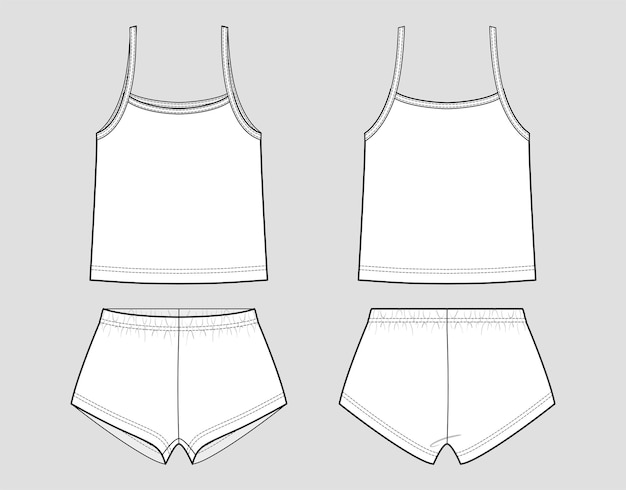 Pyjamas. Tank top and briefs (lingerie). Front and back view. Outline fashion