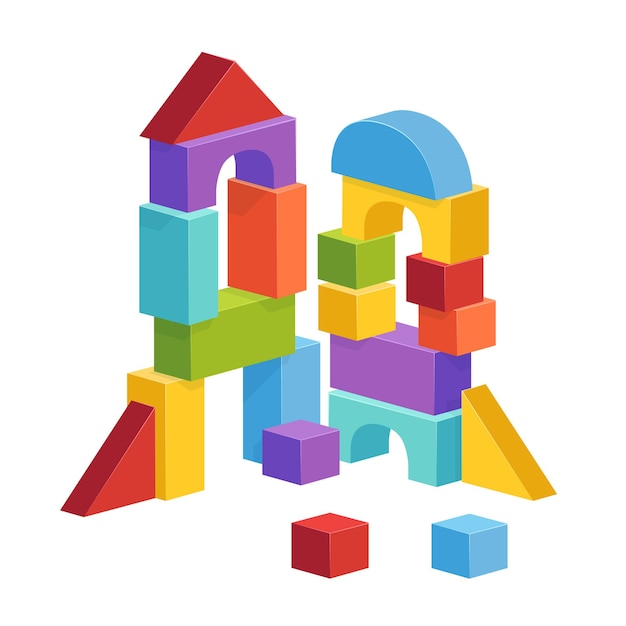 Pyramid built from children's cubes. Toy castle  illustration.