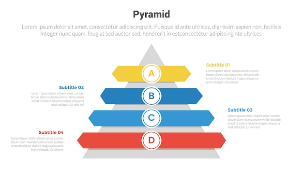 Pyramid shape triangle stage infographics template diagram with center shape and circle badge and 4 point step creative design for slide presentation