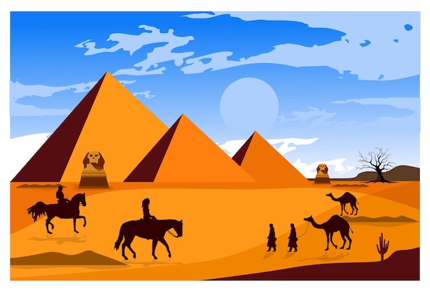 Vector pyramid and sphinx statue vector art daytime activities complete with icons of horse riding came