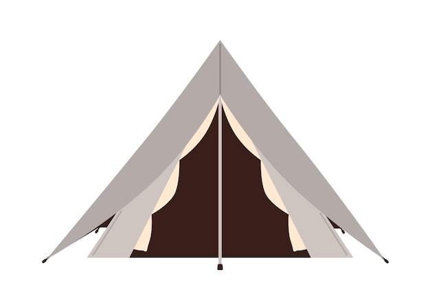 Pyramid tent with triangle roof isolated on white background. Canvas shelter for nature recreation, camping and hiking. Touristic equipment. Colored flat cartoon vector illustration.