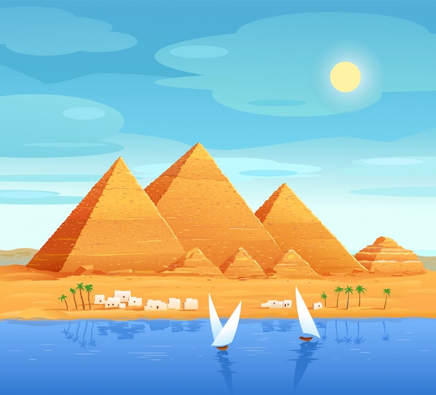 The pyramids of Egypt. Egyptian pyramids on the river. The Cheops Pyramid in Cairo, in Giza. Egyptian stone structures