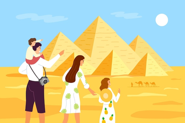 Pyramids of Egypt. A family of tourists looks at the Egyptian pyramids. Vector illustration