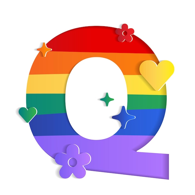 Q Alphabet Character Font Letter Pride Month LGBTQ Rainbow 3D Paper Cutout Card Vector Illustration