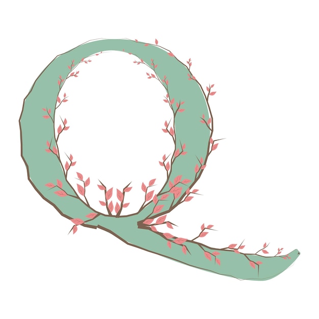 Q letter in uppercase made of soft hand-drawn leaves