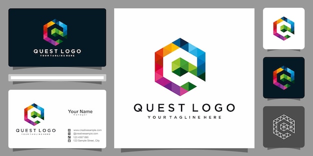 Q logo polygon color designs vector and business card