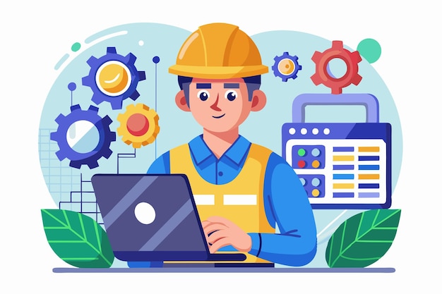 A QA engineer focuses on software testing while using a laptop surrounded by gears and tools Qa engineers Customizable Semi Flat Illustration