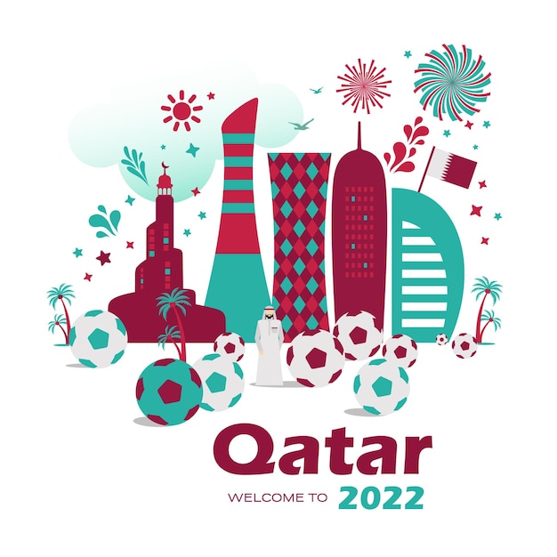 Qatar doha skyline with silhouette of the modern city futuristic and football soccer illustration ab