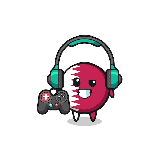 Qatar flag gamer mascot holding a game controller cute design