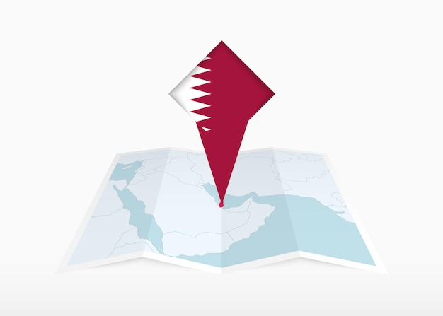 Qatar is depicted on a folded paper map and pinned location marker with flag of Qatar.