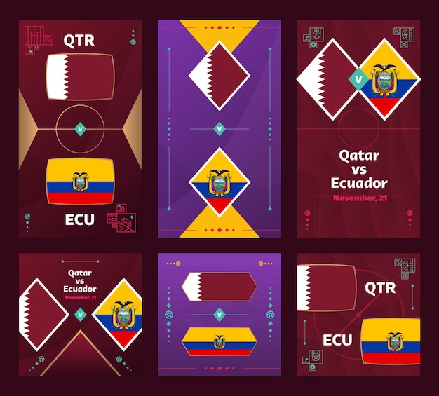 Qatar vs Ecuador Match World Football 2022 vertical and square banner set for social media 2022