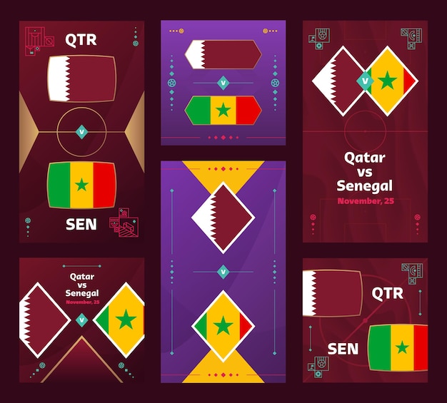 Qatar vs Senegal Match World Football 2022 vertical and square banner set for social media 2022