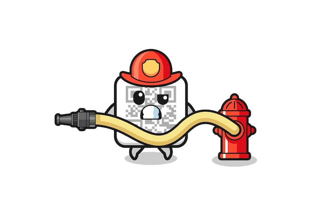 Vector qr code cartoon as firefighter mascot with water hose