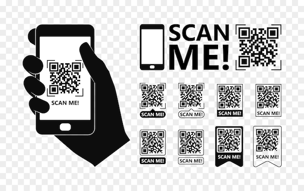 QR code frame set for smartphone Contactless payment Scan me template Hand with smartphone