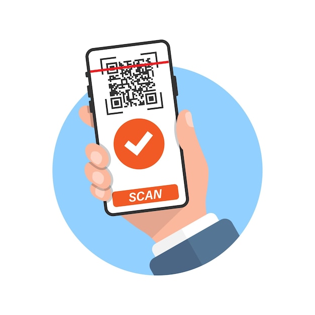 QR code scan illustration in flat style Mobile phone scanning vector illustration on isolated background Barcode reader in hand sign business concept