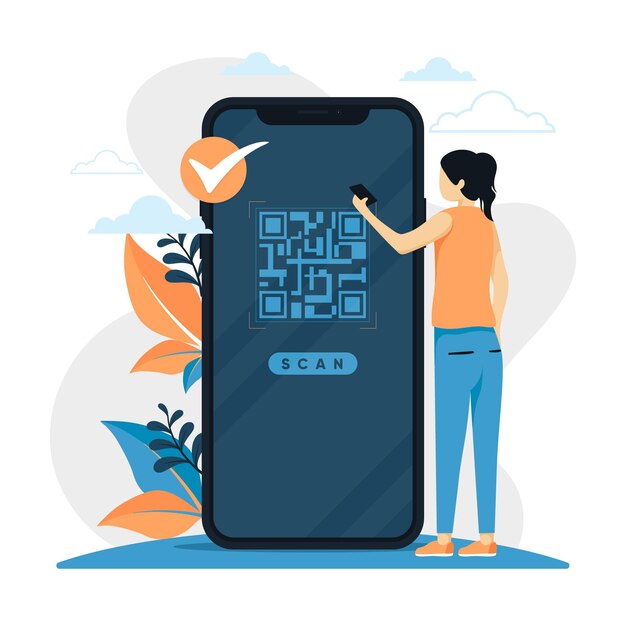 Vector qr code scanning concept with characters