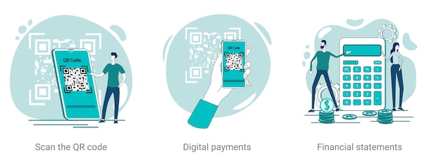 QR code scanning digital payments and financial calculations A set of vector illustrations