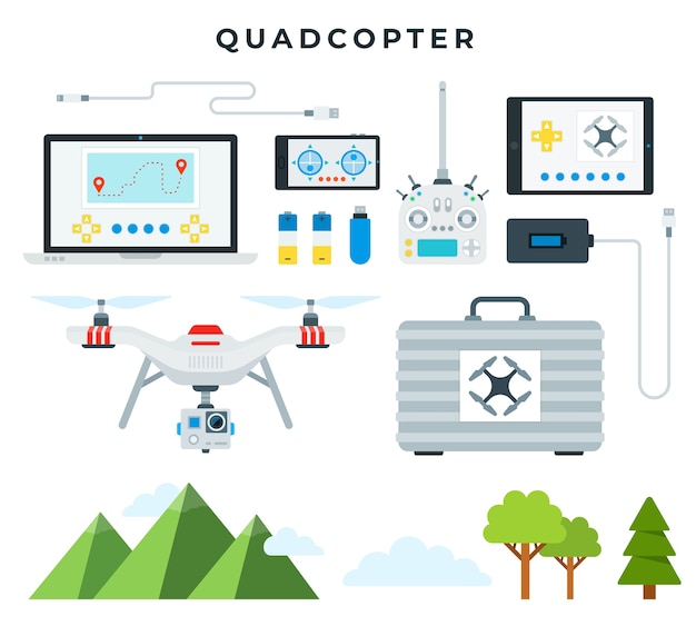 Vector quadcopter and all accessories isolated on white