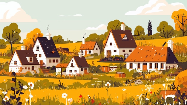 Vector quaint countryside village with thatched roof