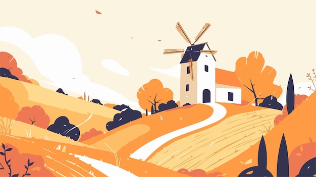 Vector quaint countryside windmill with rotating blade