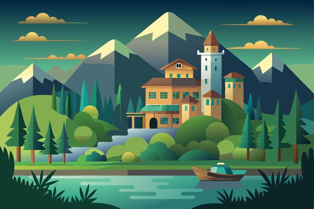 Vector a quaint lakeside village nestled amidst majestic mountains