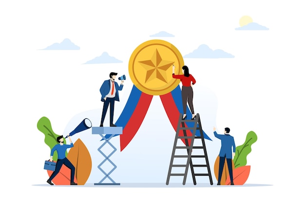 quality assurance medal with stars and ribbons with teamwork of people with high quality ratings