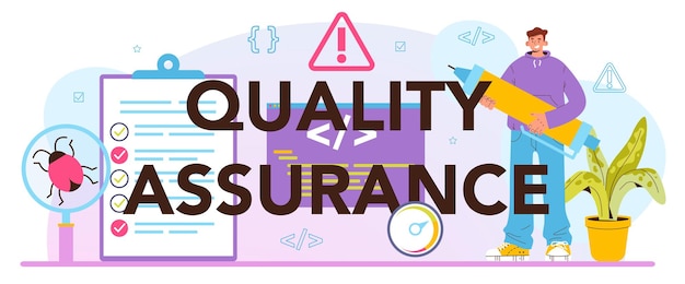 Quality assurance typographic header. Application and website code or software tester. Software development and debugging. IT specialist searching for bugs. Isolated flat vector illustration